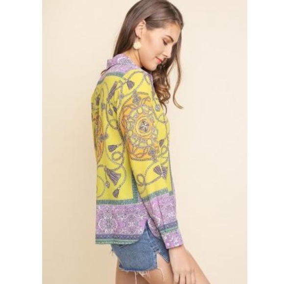 Scarf Print Long Sleeve Button Up Collared Top - Picture 2 of 5